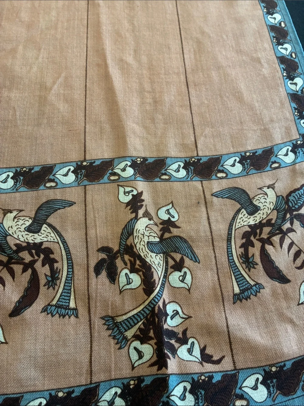 Vintage Long Linen Brown and Blue Bird Motif Scarf